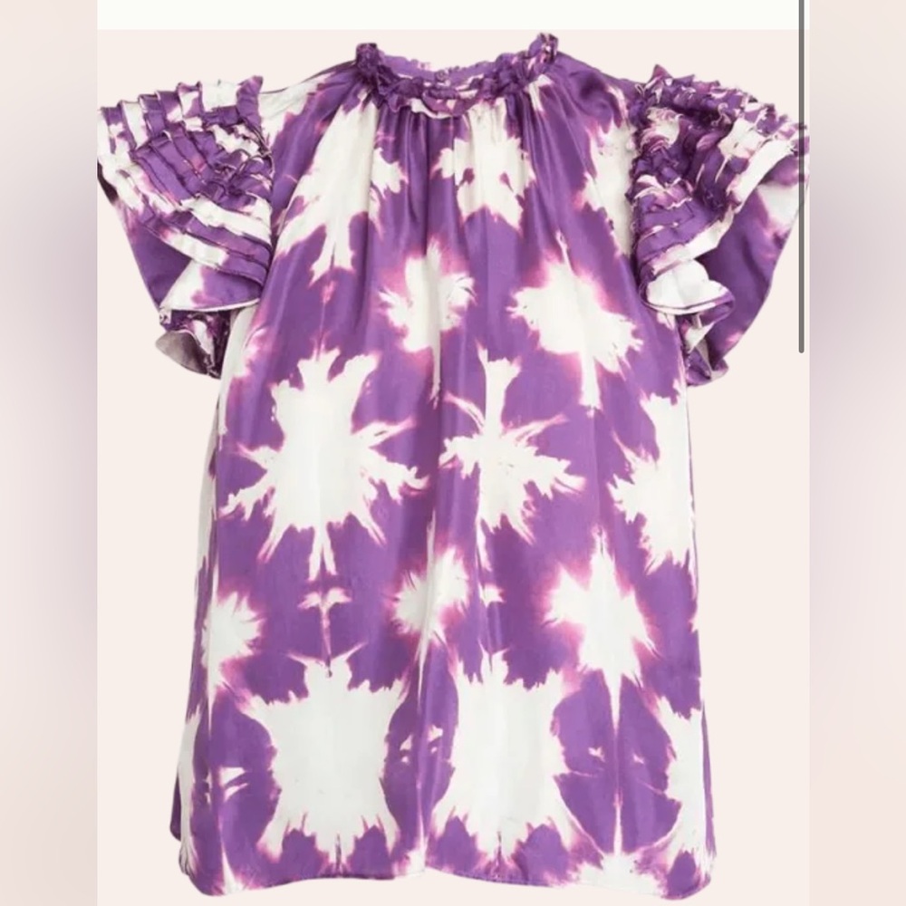 Ulla Johnson Purple and White Tie-Dye Ruffle Sleeve Blouse